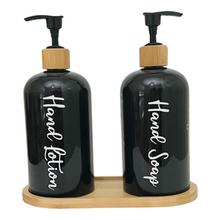 Load image into Gallery viewer, Black Matt Pump Bottles - Set of 2 With Labels & Tray Option