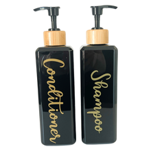 Load image into Gallery viewer, Black Gloss Pump Bottles - Set of 2 With Labels & Tray Option