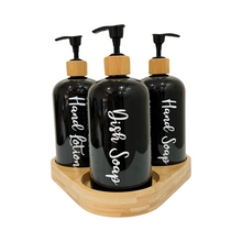 Load image into Gallery viewer, Black Matt Pump Bottles - Set of 3 With Labels & Tray Option