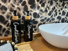 Load image into Gallery viewer, Black Gloss Pump Bottles - Set of 2 With Labels & Tray Option