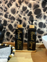 Load image into Gallery viewer, Black Gloss Pump Bottles - Set of 2 With Labels & Tray Option