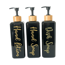 Load image into Gallery viewer, Black Gloss Pump Bottles - Set of 3 With Labels