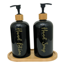 Load image into Gallery viewer, Black Matt Pump Bottles - Set of 2 With Labels & Tray Option