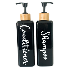 Load image into Gallery viewer, Black Gloss Pump Bottles - Set of 2 With Labels & Tray Option