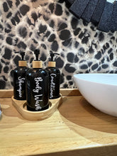 Load image into Gallery viewer, Black Matt Pump Bottles - Set of 3 With Labels & Tray Option