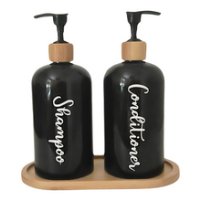 Load image into Gallery viewer, Black Matt Pump Bottles - Set of 2 With Labels & Tray Option