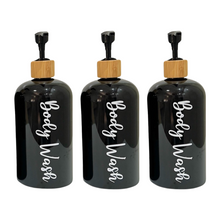 Load image into Gallery viewer, Black Matt Pump Bottles - Set of 3 With Labels & Tray Option