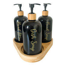 Load image into Gallery viewer, Black Matt Pump Bottles - Set of 3 With Labels & Tray Option