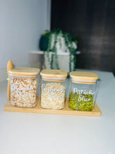 Load image into Gallery viewer, Square Glass Jar Set With Bamboo Tray & Spoon - Triple