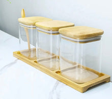 Load image into Gallery viewer, Square Glass Jar Set With Bamboo Tray & Spoon - Triple