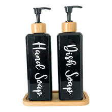 Load image into Gallery viewer, Black Gloss Pump Bottles - Set of 2 With Labels &amp; Tray Option
