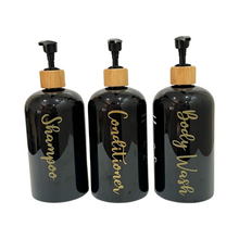 Load image into Gallery viewer, Black Matt Pump Bottles - Set of 3 With Labels &amp; Tray Option
