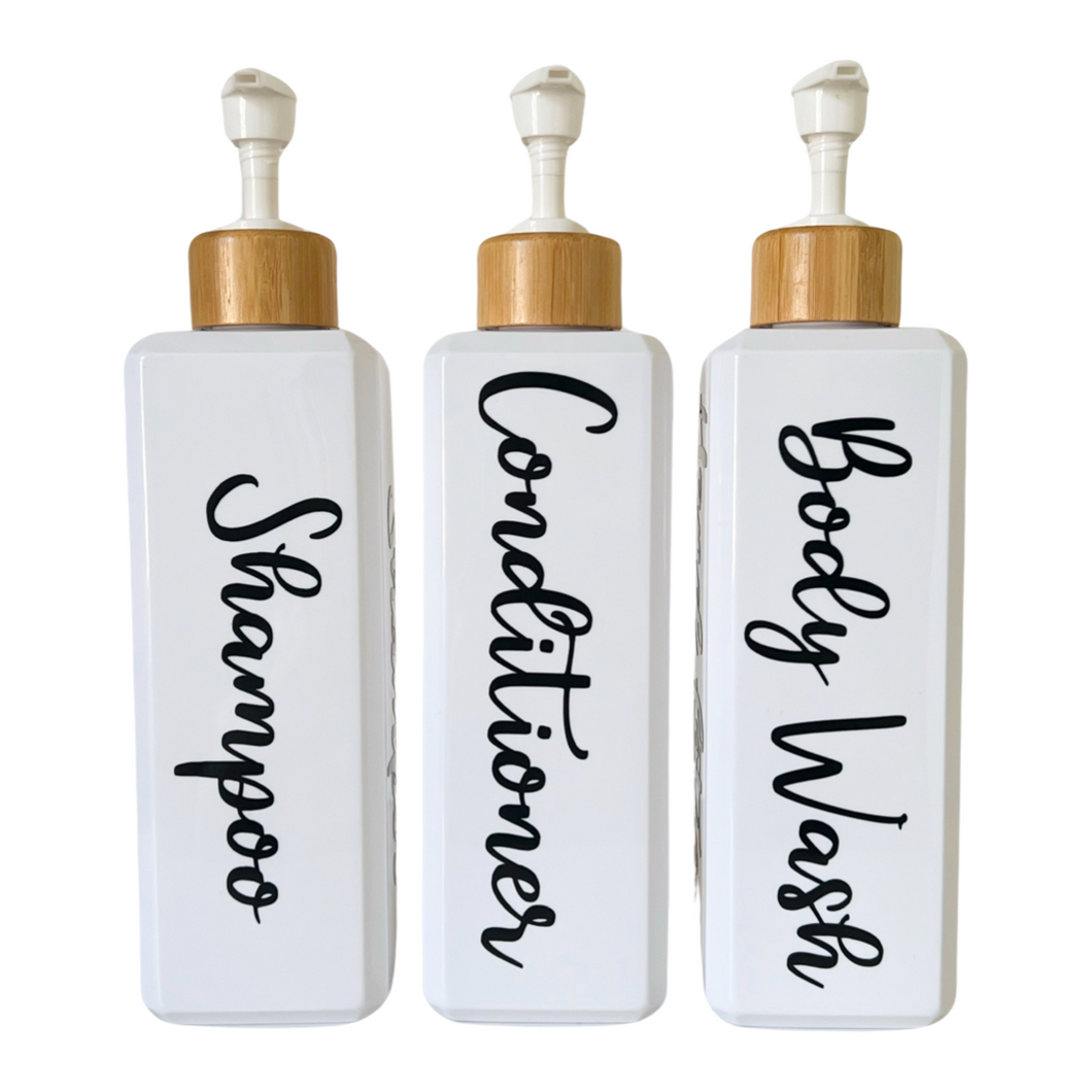 White Gloss Pump Bottles - Set of 3 With Labels