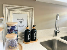 Load image into Gallery viewer, Black Glass Bottles - Set of 2 With Tray &amp; Labels
