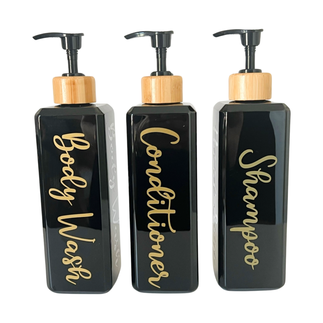 Black Gloss Pump Bottles - Set of 3 With Labels