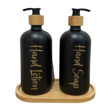 Load image into Gallery viewer, Black Glass Bottles - Set of 2 With Tray &amp; Labels
