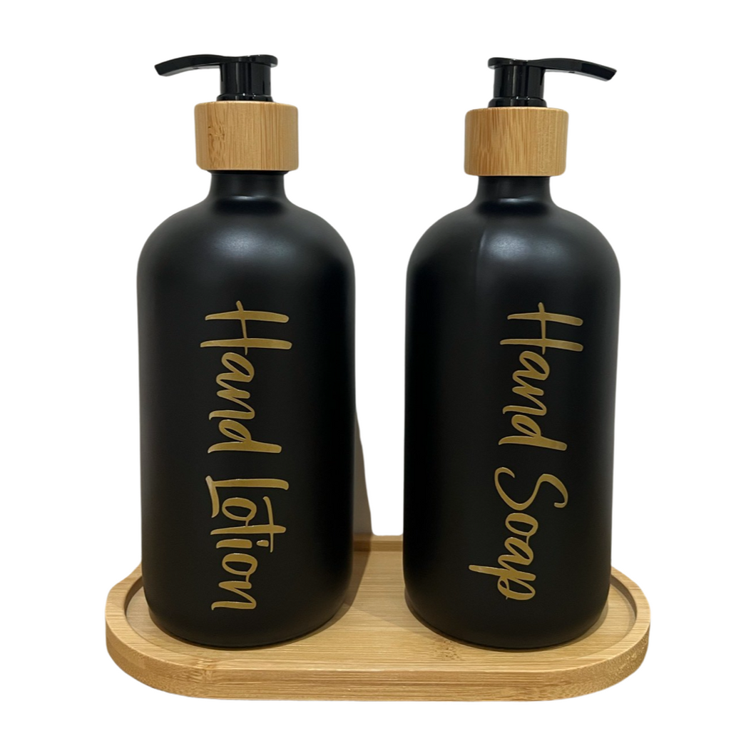 Black Glass Bottles - Set of 2 With Tray & Labels