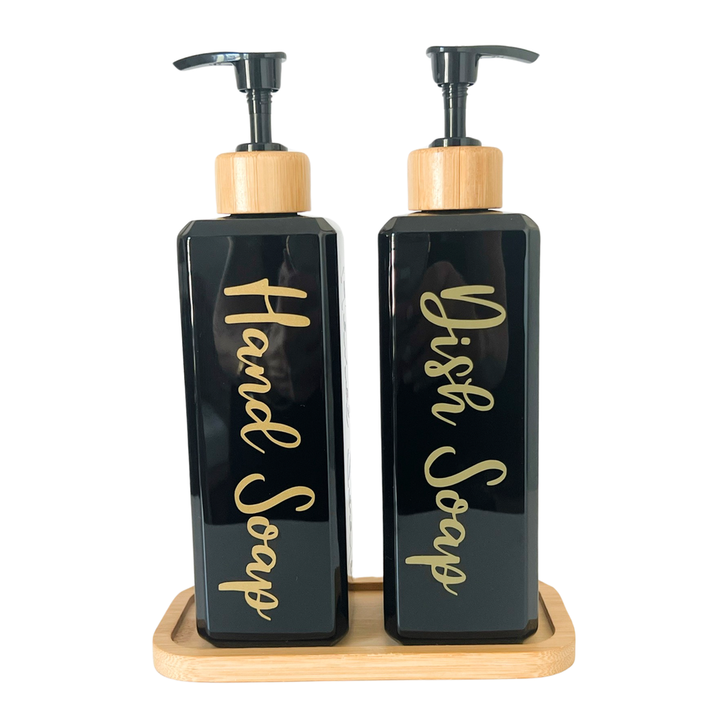 Black Gloss Pump Bottles - Set of 2 With Labels & Tray Option