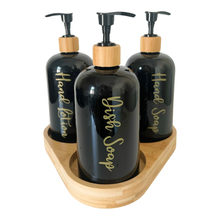 Load image into Gallery viewer, Black Matt Pump Bottles - Set of 3 With Labels &amp; Tray Option

