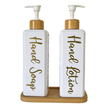 Load image into Gallery viewer, White Gloss Pump Bottles - Set of 2 With Labels &amp; Tray Option
