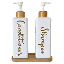 Load image into Gallery viewer, White Gloss Pump Bottles - Set of 2 With Labels &amp; Tray Option
