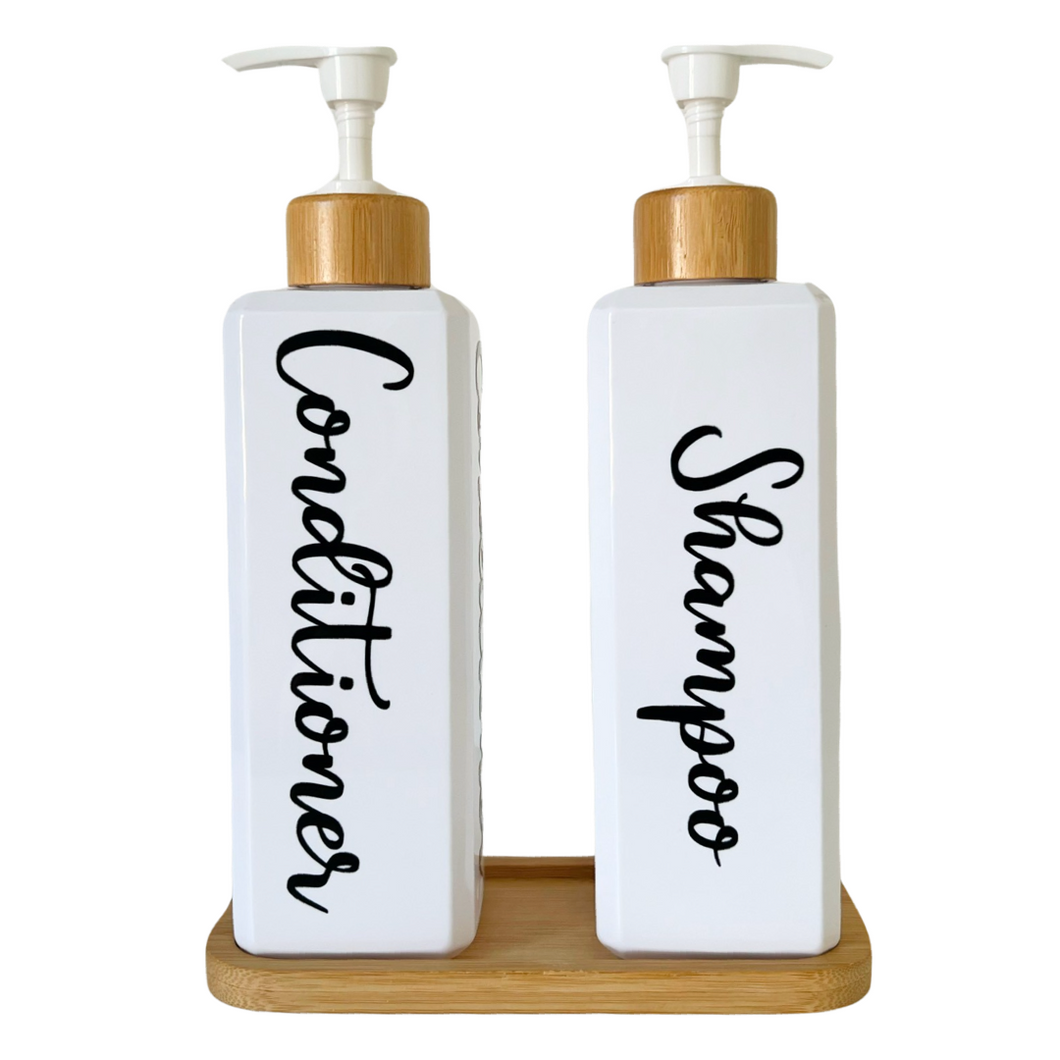White Gloss Pump Bottles - Set of 2 With Labels & Tray Option