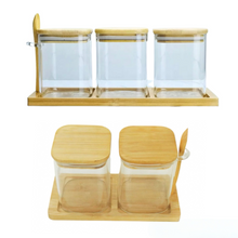 Load image into Gallery viewer, Square Glass Jar Set With Bamboo Tray &amp; Spoon - Double &amp; Triple
