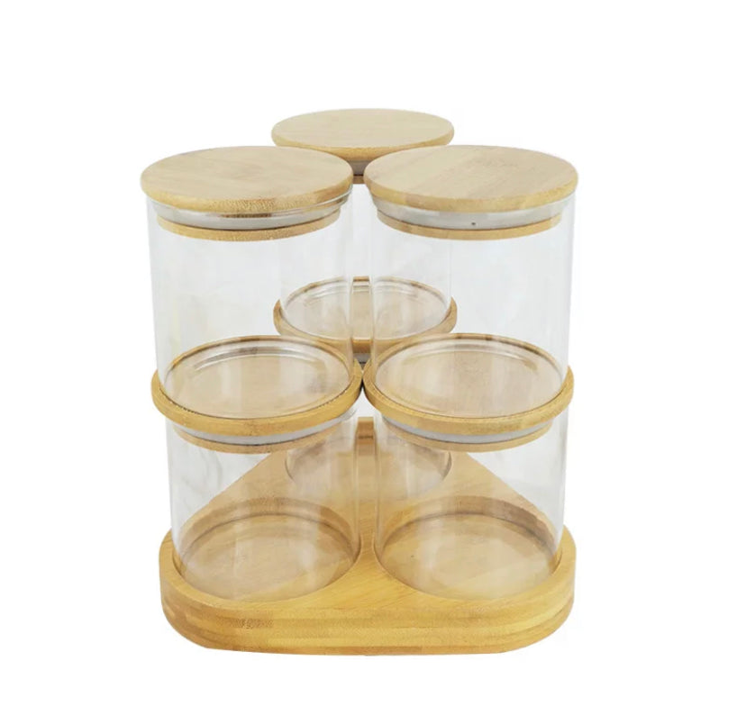 Stackable Round Glass Jars & Bamboo Tray