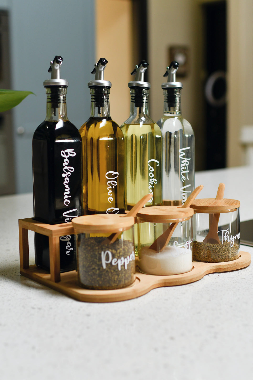 Bamboo Kitchen Spice/Herb Jars with Oil & Vinegar Storage Set