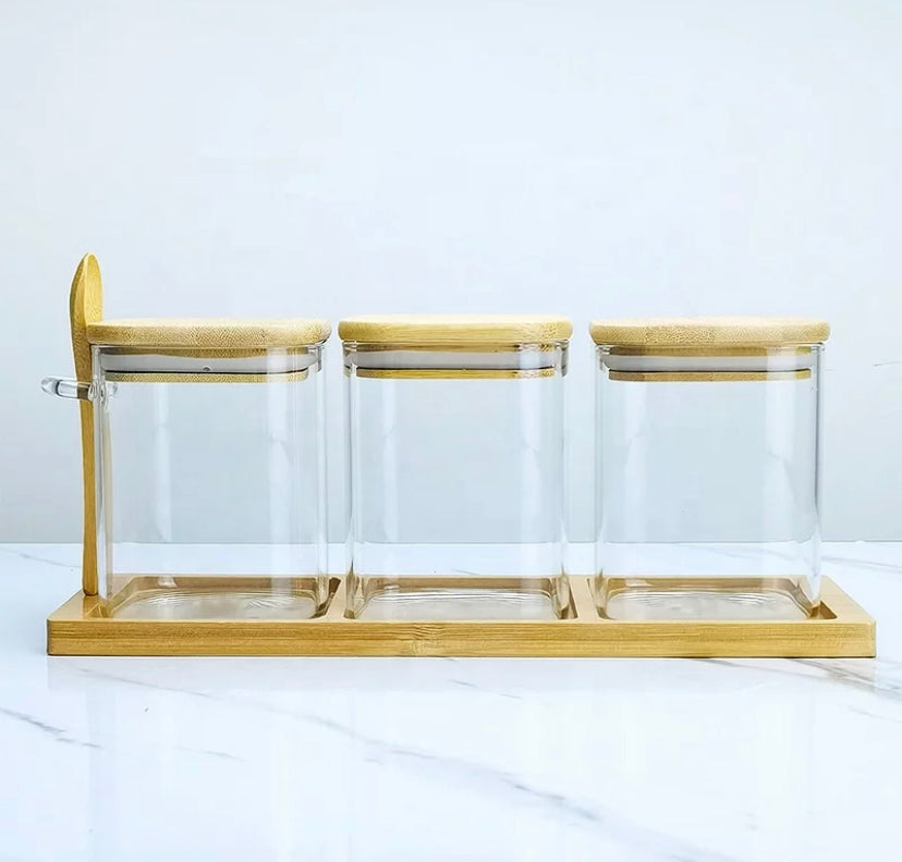 Square Glass Jar Set With Bamboo Tray & Spoon - Triple